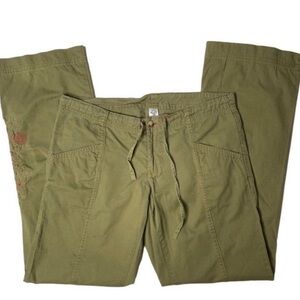 Vintage Prana- Womens Breathe Embroidered Olive Green Pants w/ Drawstring, Large